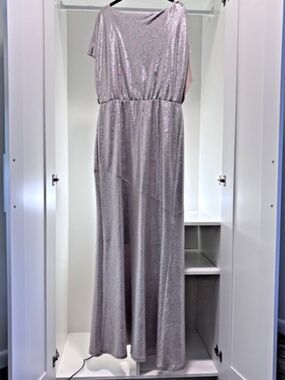 Lauren Ralph Lauren Silver Metallic Floor Length Dress Gown Short Sleeve sz 12